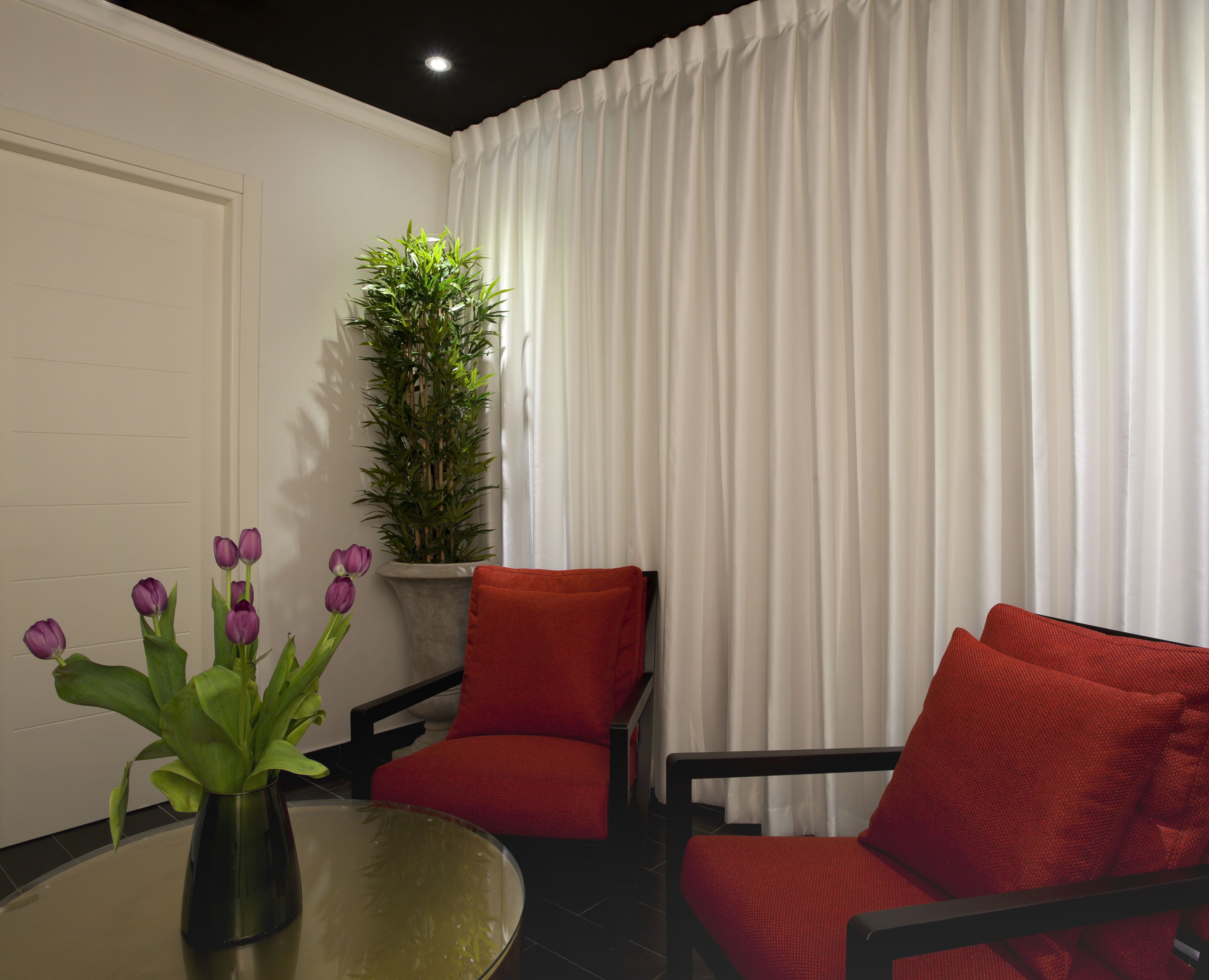 Una habitación con una mesa redonda de cristal, dos sillones tapizados en rojo, una planta en maceta y una cortina blanca.