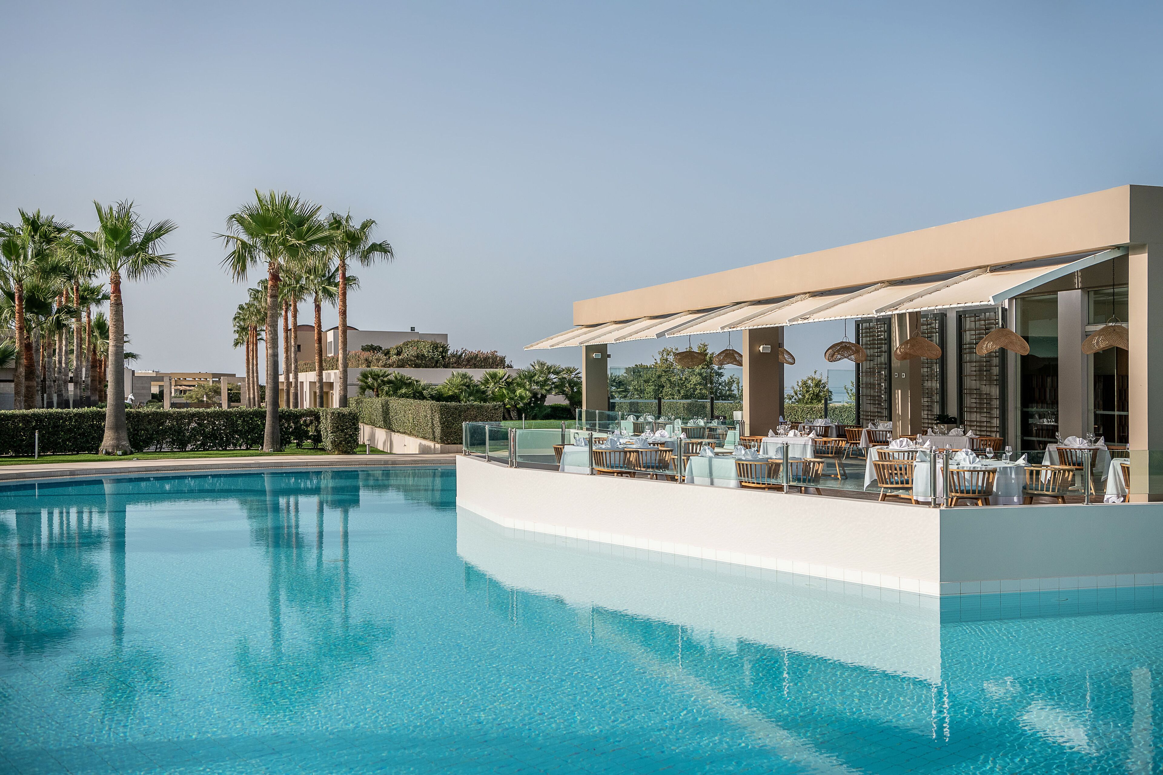 Un espace aménagé au bord de la piscine, avec une piscine, des palmiers et des sièges d’extérieur.