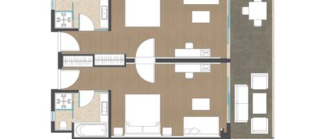 A Two-Bedroom Junior Suite with a living room, two bedrooms, a bathroom, and a dining area.