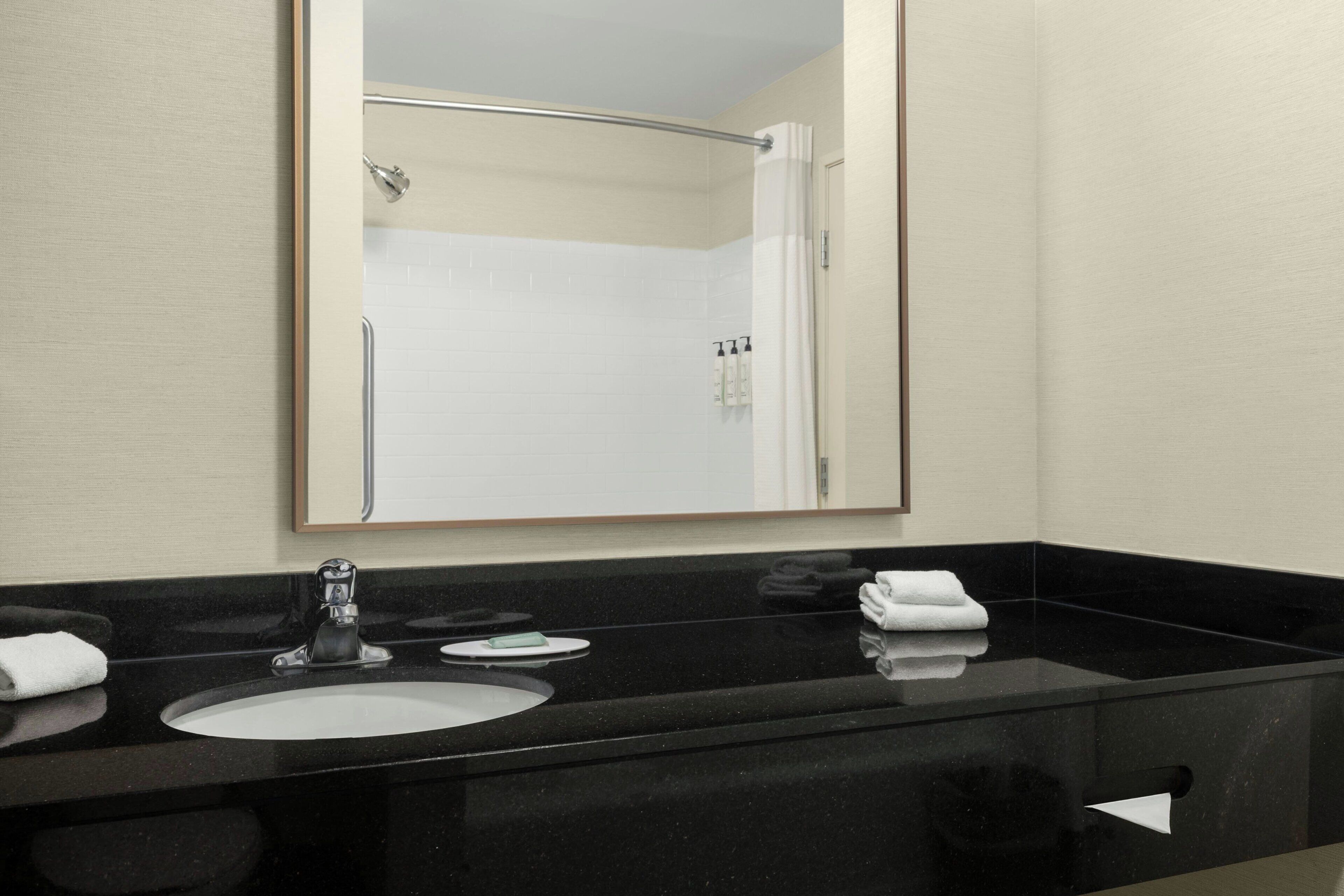 Une salle de bain avec un comptoir noir, un lavabo blanc, un miroir et un espace douche.