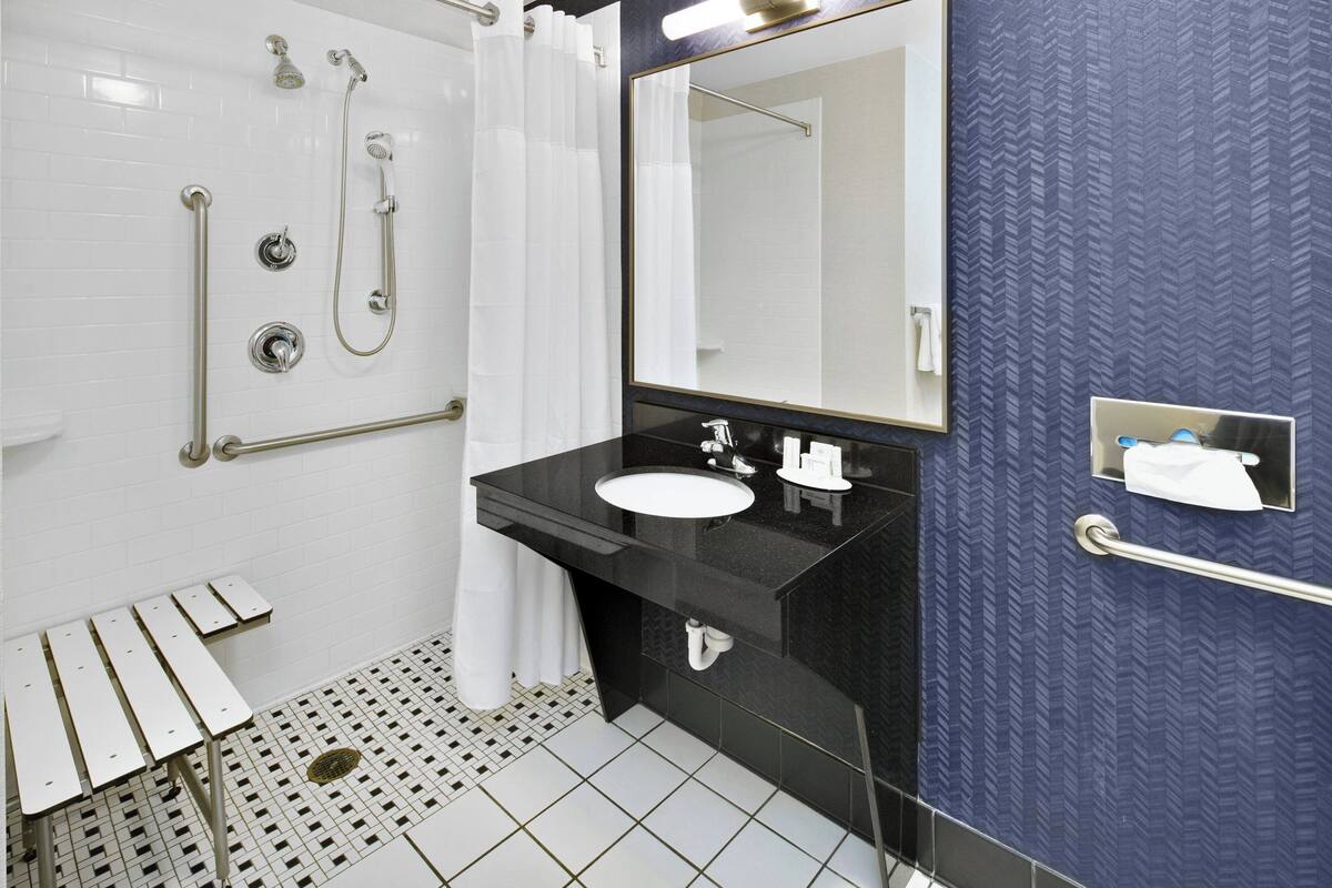 A modern bathroom with a black sink, white toilet, and a shower with grab bars.