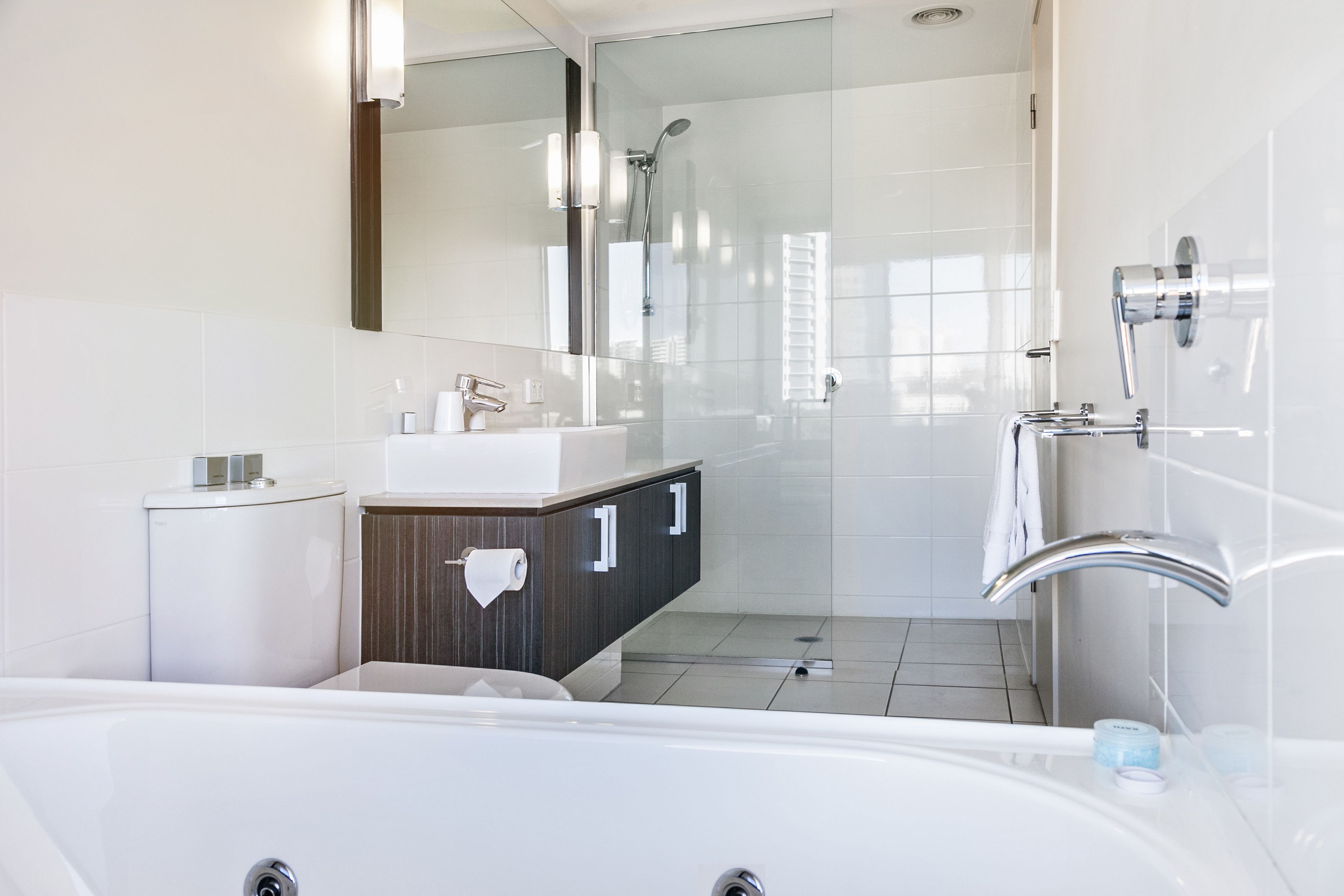 one bedroom - water view | bathroom | hair dryer, towels