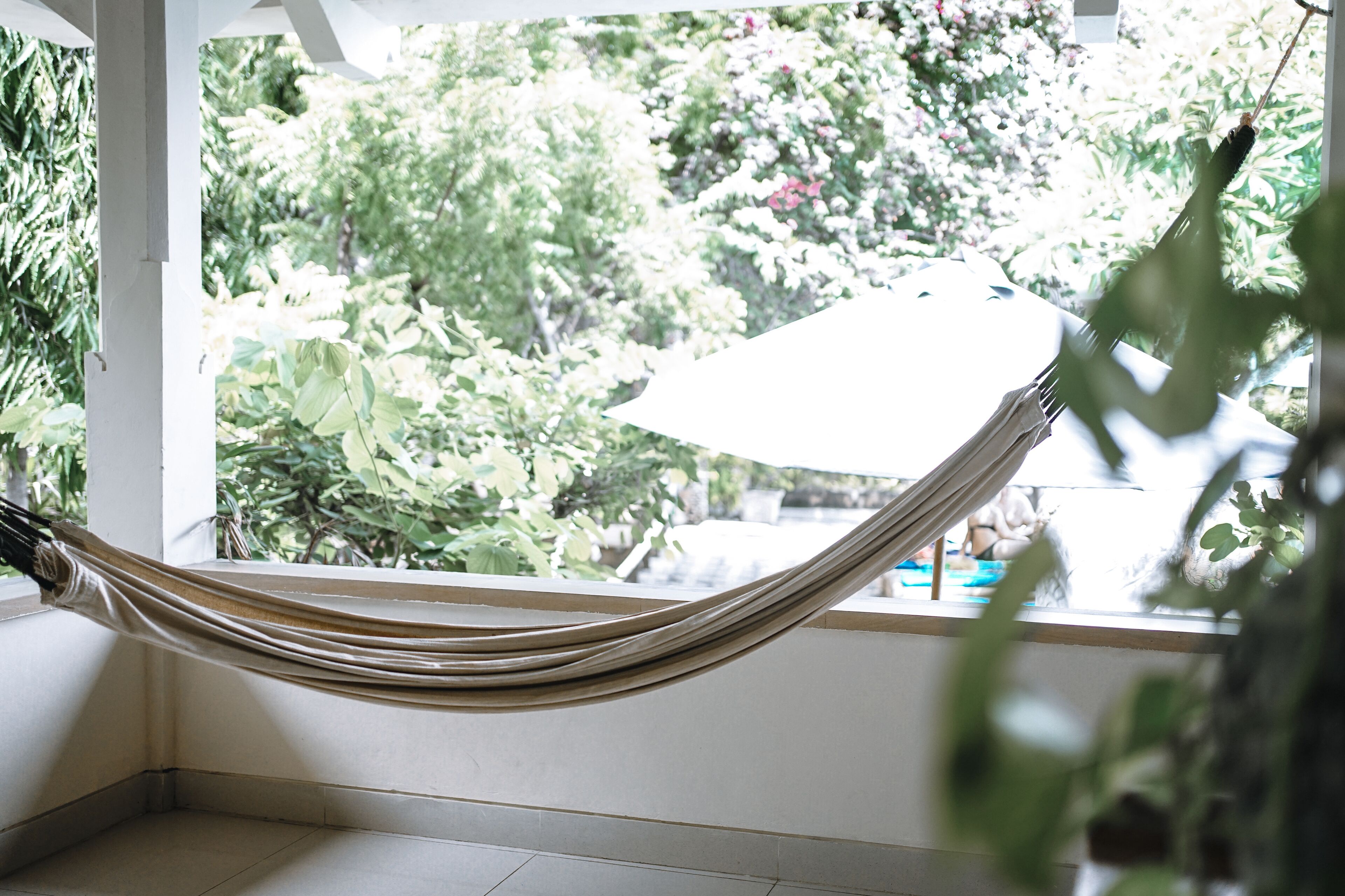 Una hamaca atada entre dos ventanas, con vista a la exuberante vegetación exterior.