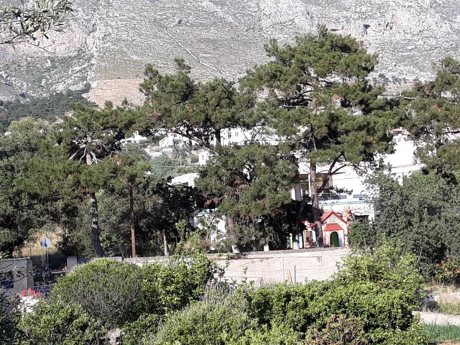 Ein Gebäude mit rotem Dach, umgeben von üppiger Vegetation und einer Bergkulisse.