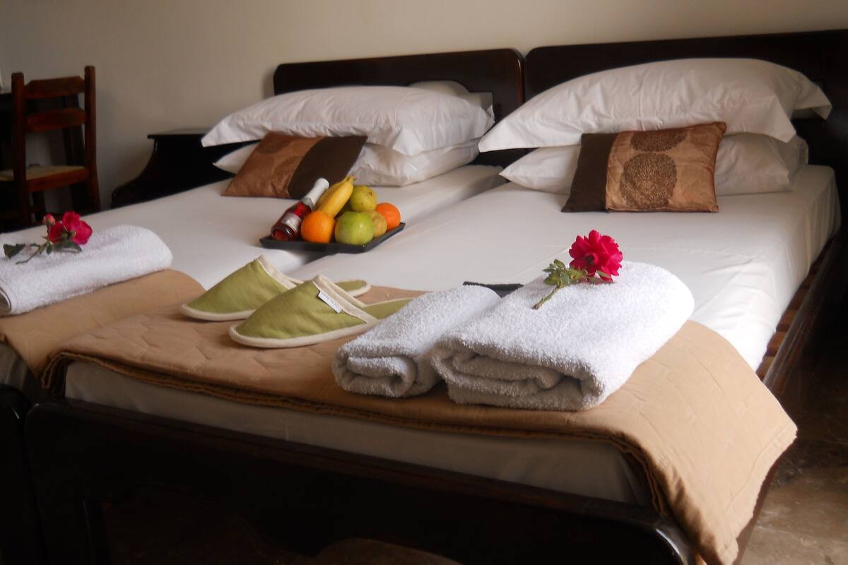 A hotel room with two beds, each with white linens and brown decorative pillows. There is a fruit basket on one bed, a pair of slippers, and a towel on the bed.