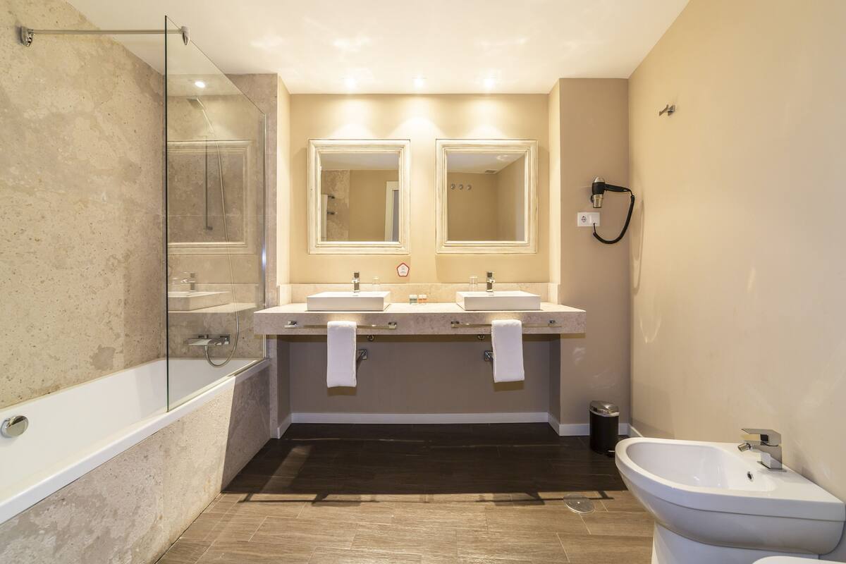 shower, free toiletries, hair dryer, towels