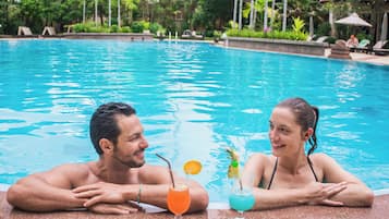Outdoor pool, pool umbrellas, pool loungers