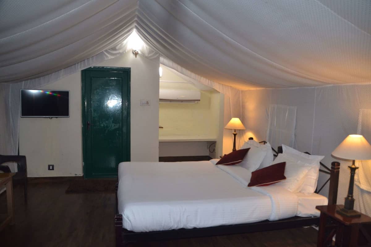 Una habitación con una cama, dos lámparas de noche, un televisor en la pared y una puerta verde.