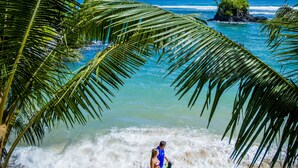 Una spiaggia con palme, acque cristalline e una piccola isola con palme.