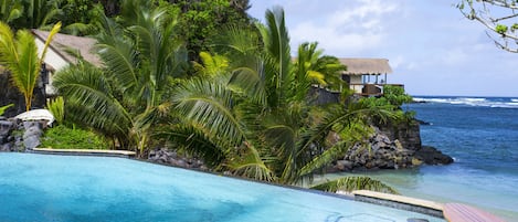 Outdoor pool, pool umbrellas, pool loungers