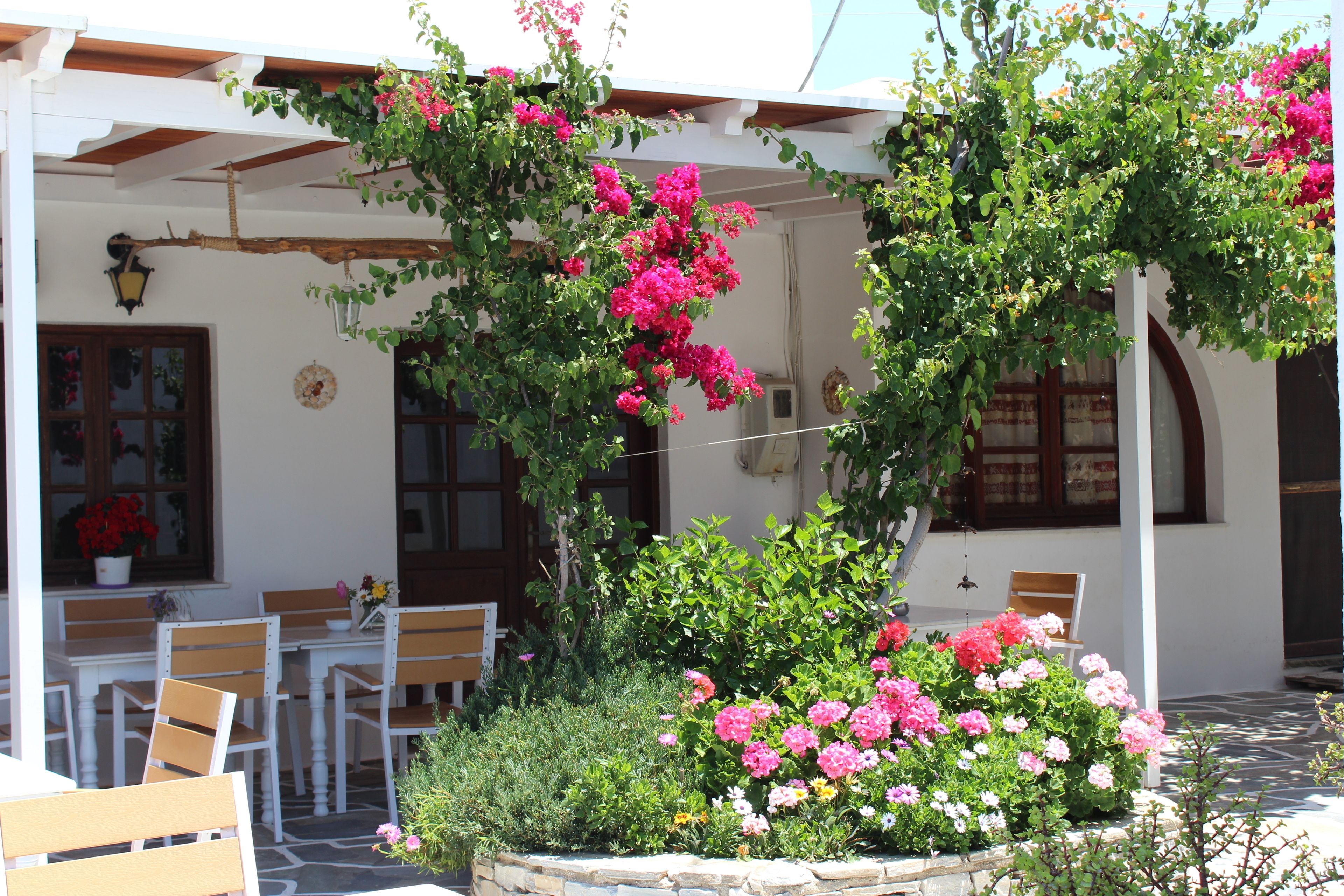 Zona relax esterna coperta con pareti in pietra, sedie in legno e diverse piante fiorite.