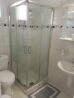 Un baño moderno con ducha de vidrio, inodoro y lavamanos.