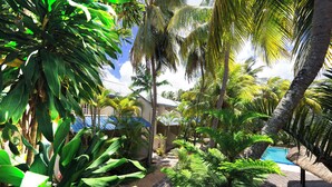 Un jardin tropical avec une piscine, des palmiers et un sentier.