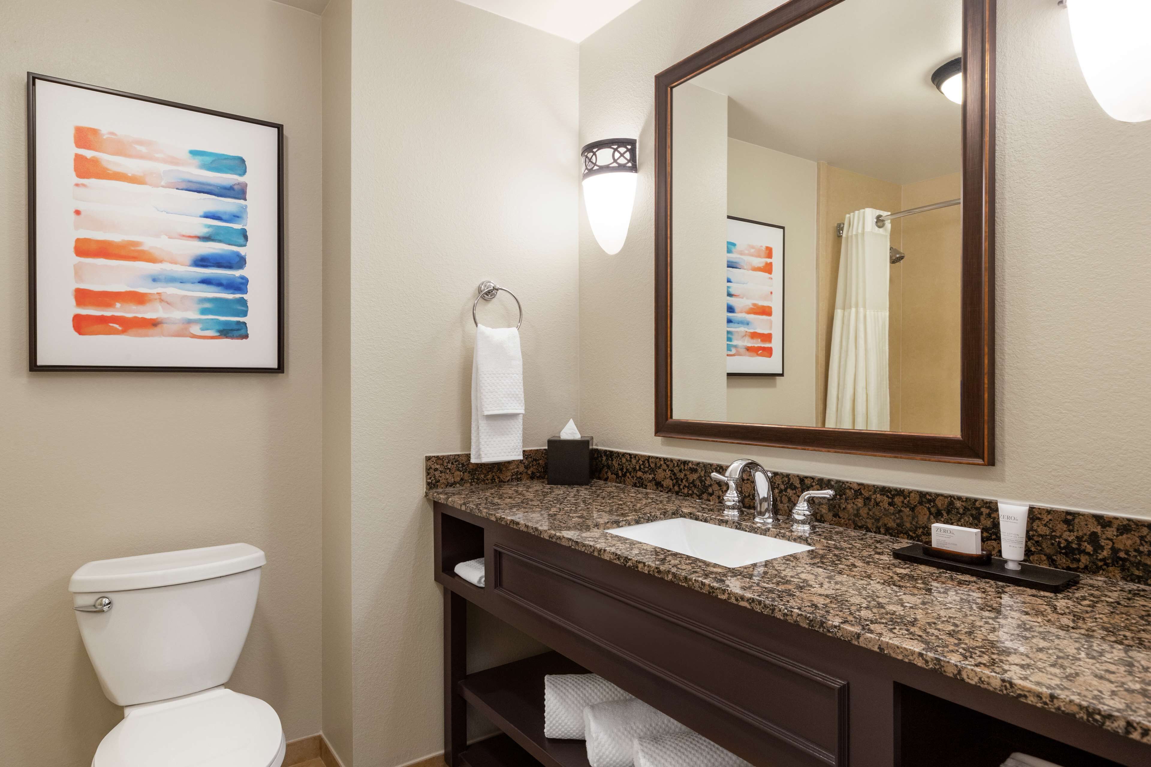 A bathroom with a white toilet, a granite countertop sink, a large mirror, and a framed abstract painting on the wall.