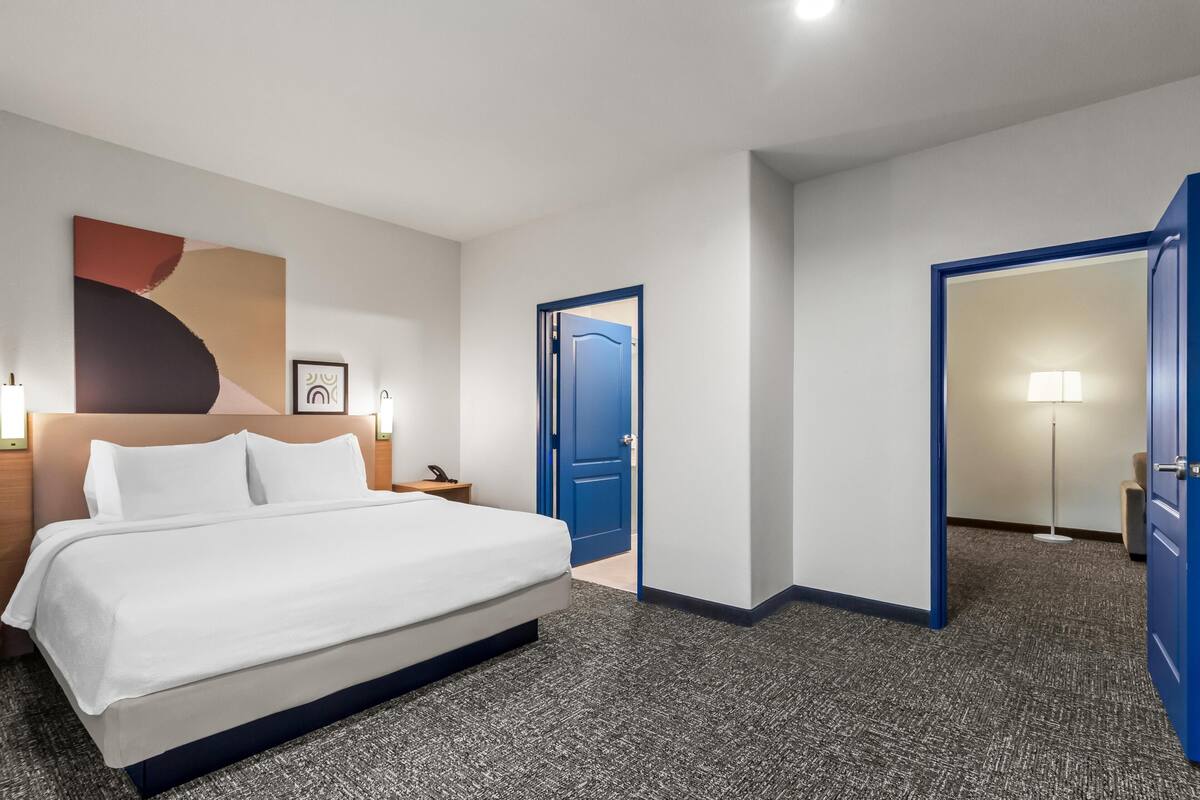 Une chambre d’hôtel avec un lit, une porte bleue, une lampe et un tableau au mur.