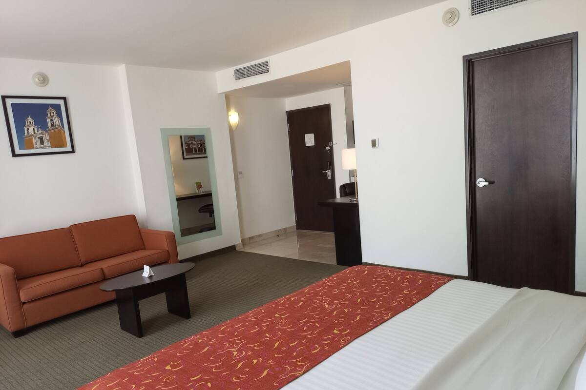 Une chambre d’hôtel avec un lit, un canapé, un bureau et un miroir.