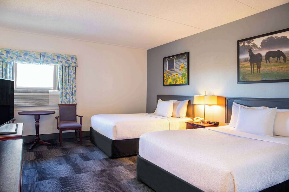 Ein Hotelzimmer mit zwei Betten, einem Schreibtisch, einem Stuhl, einem Fernseher und einem Fenster mit Vorhängen.