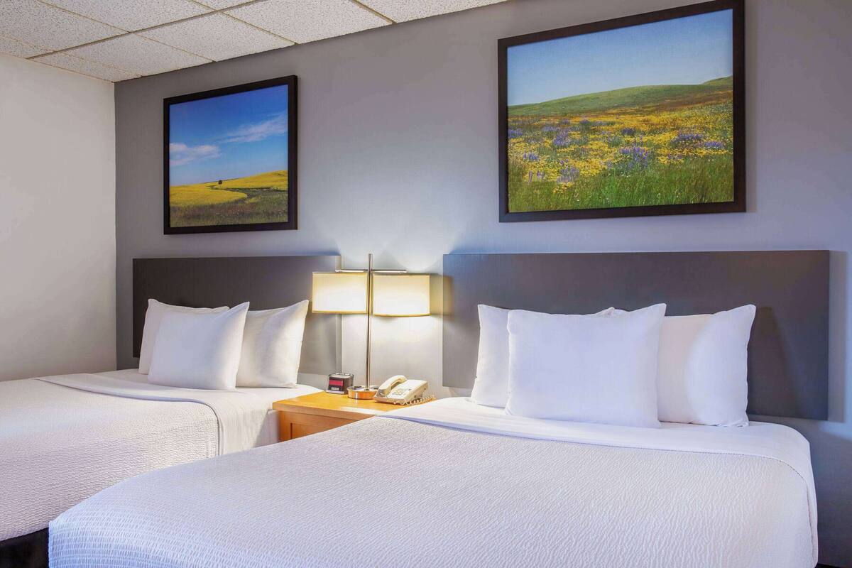Ein Hotelzimmer mit zwei Betten, einem Nachttisch mit Lampe und zwei gerahmten Landschaftsbildern an der Wand.