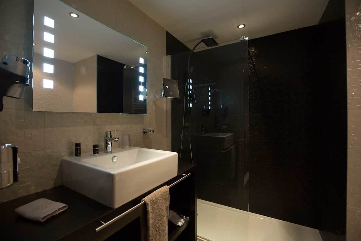 shower, rainfall showerhead, free toiletries, hair dryer