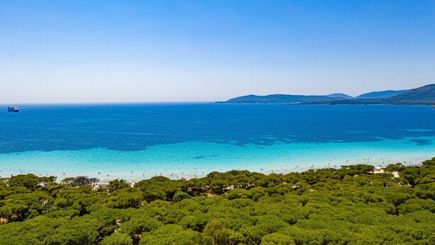 Vista costera con mar azul cristalino, una playa con gente y árboles verdes frondosos en primer plano.