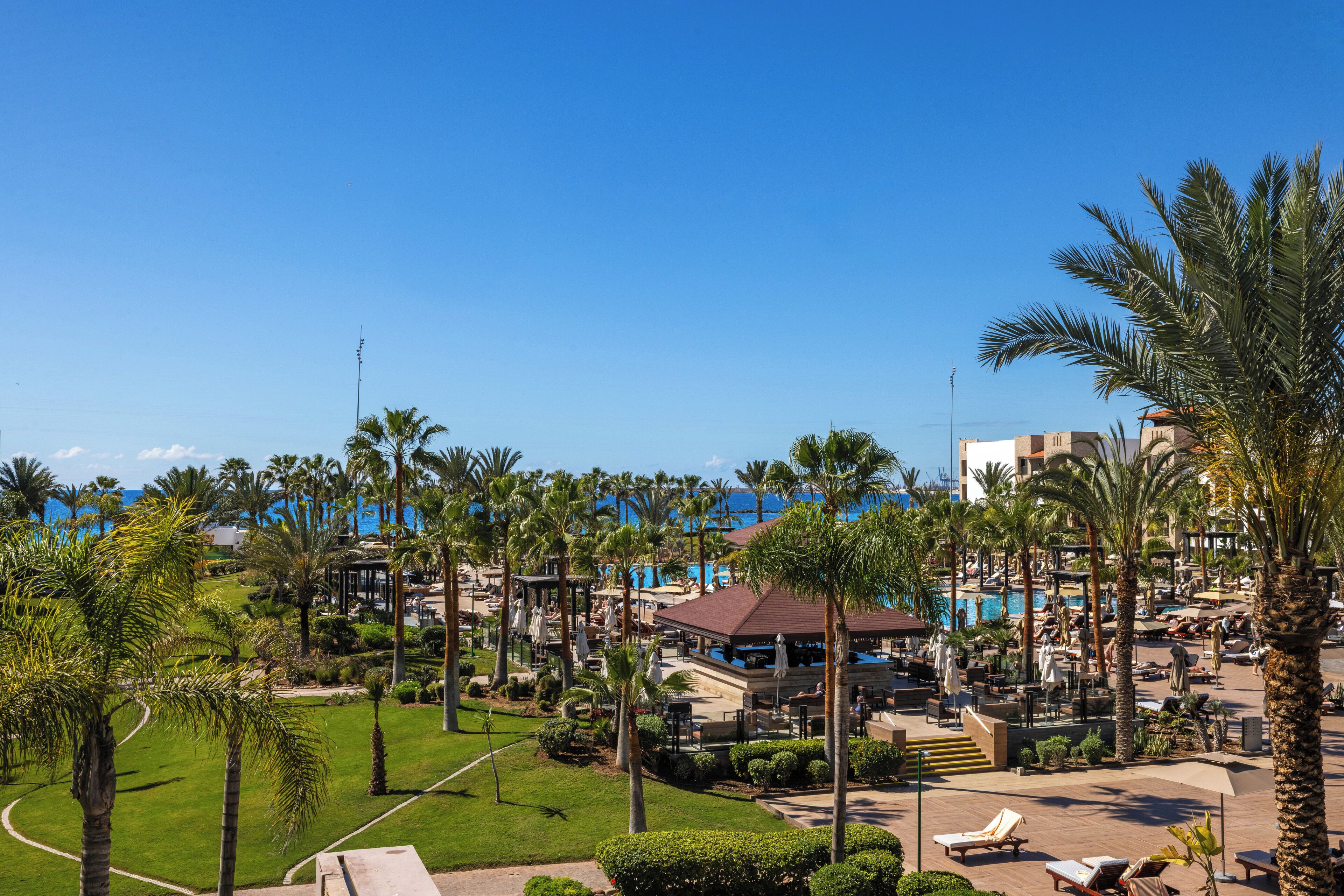 A resort with a pool area, palm trees, and a view of the ocean.