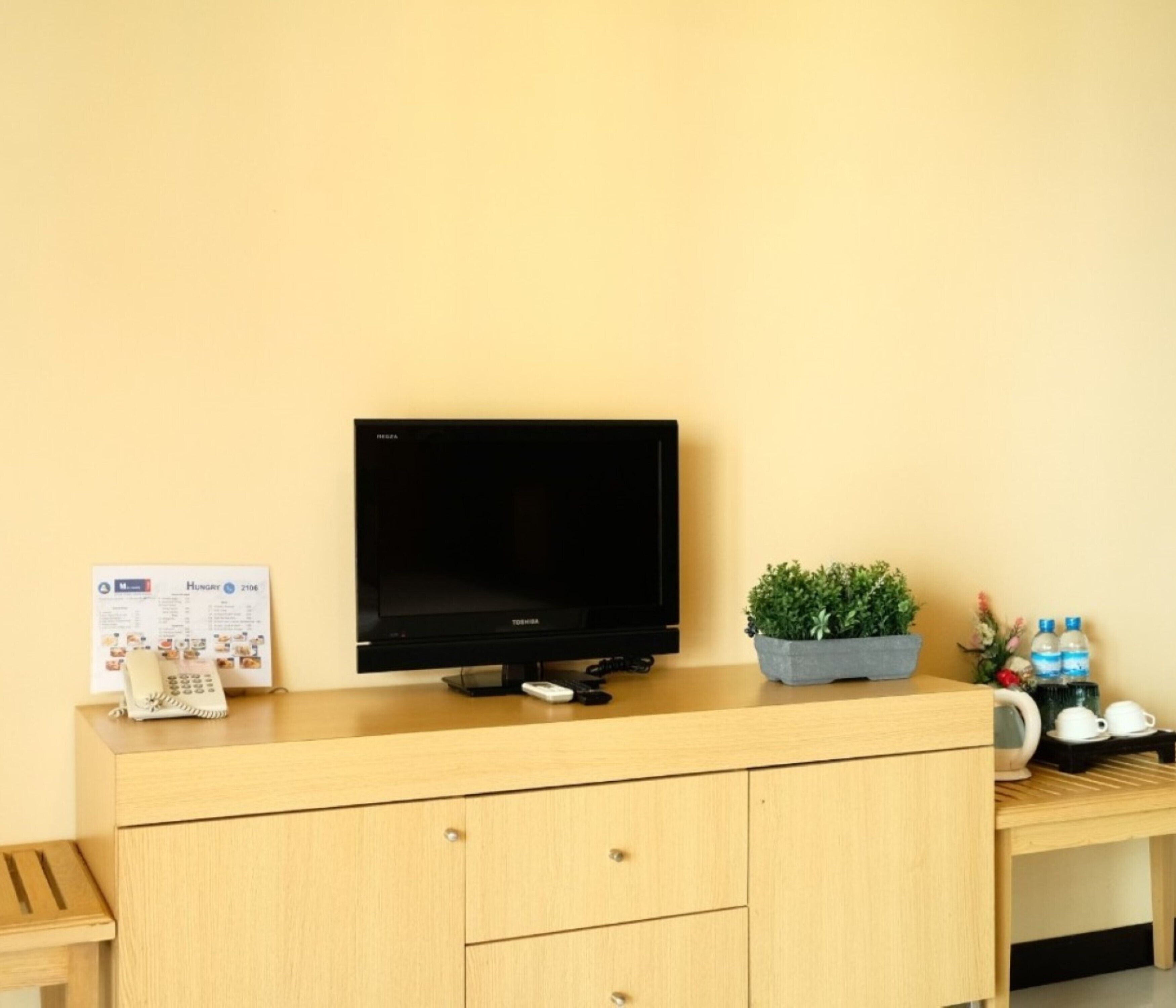 A room with a wooden desk, a flat-screen TV, a small potted plant, a menu, and a water bottle.