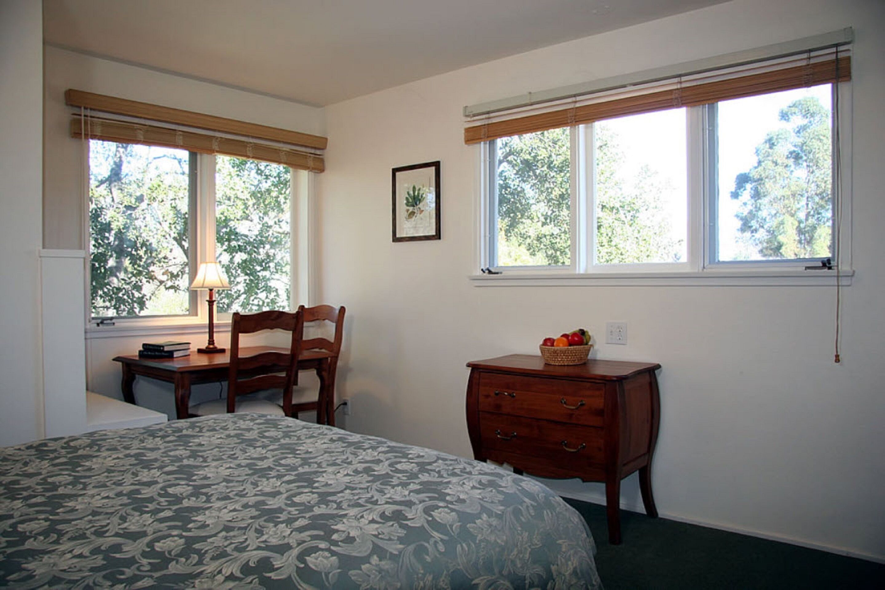A bedroom with a bed, a desk, a chair, a dresser, and two windows with blinds.