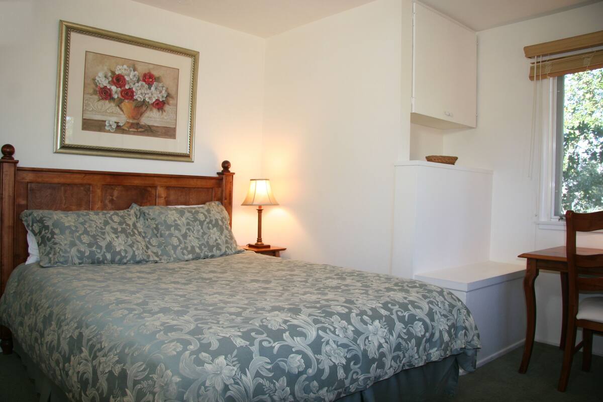 A bedroom with a bed, a bedside table with a lamp, a chair, and a window with a view of trees.