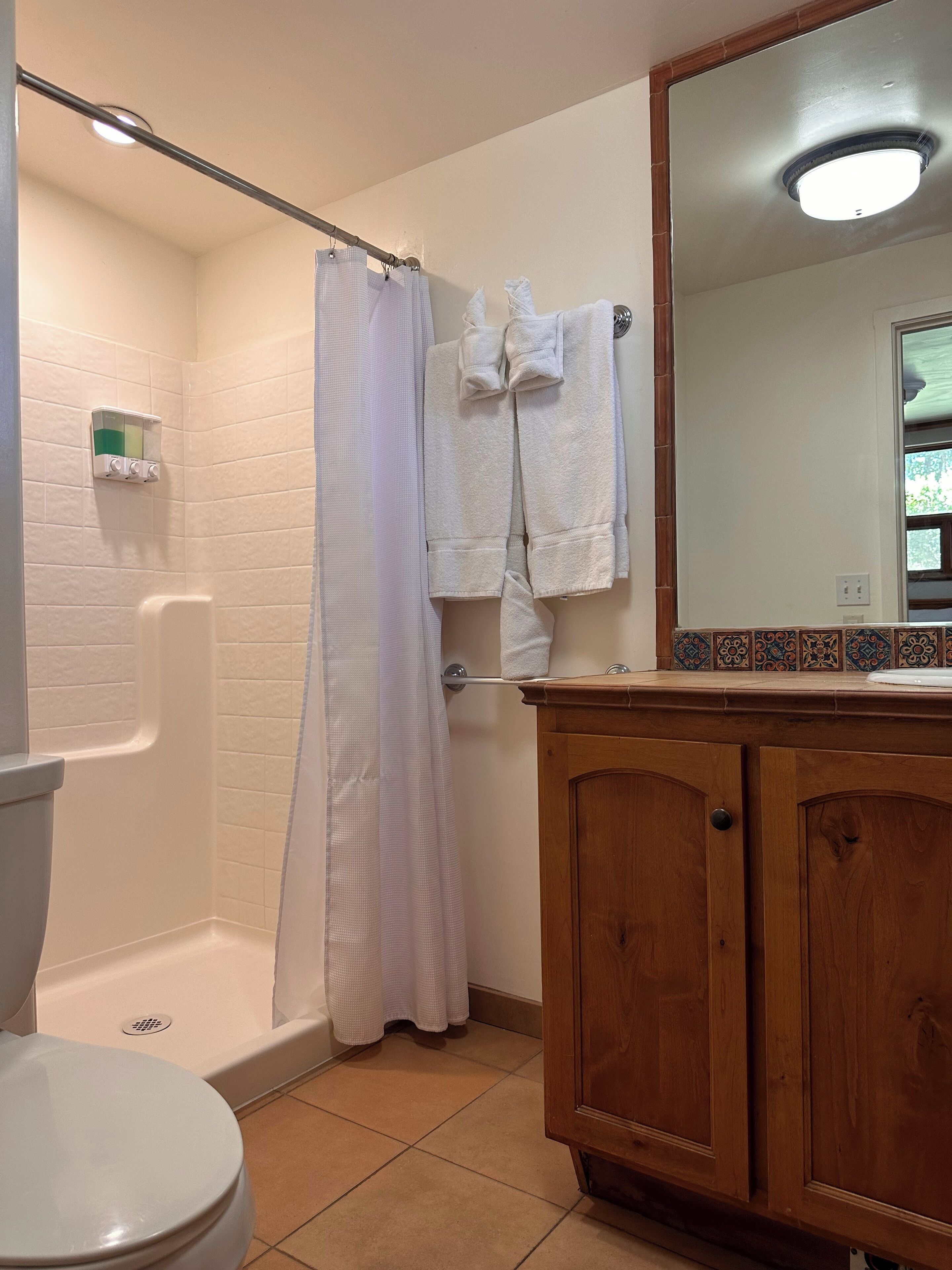 Un baño con ducha, inodoro y un mueble de madera.