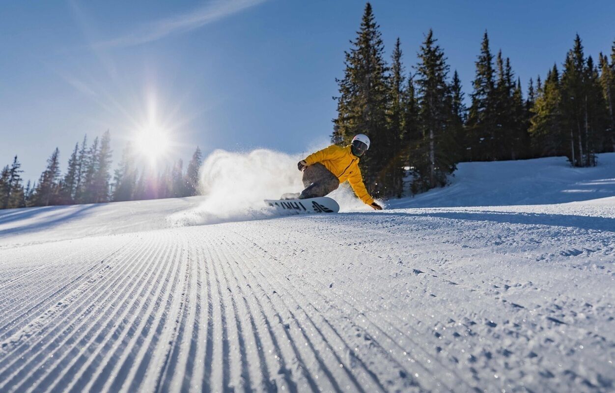 A snowboarder carving on a snowy slope with trees in the background.