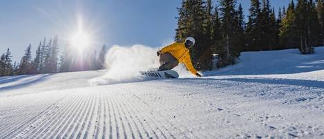 A snowboarder carving on a snowy slope with trees in the background.