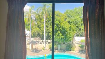 A view through a window with curtains, featuring a swimming pool, outdoor furniture, and lush greenery.