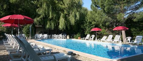 Outdoor pool, open 10:00 AM to 7:30 PM, pool umbrellas, sun loungers
