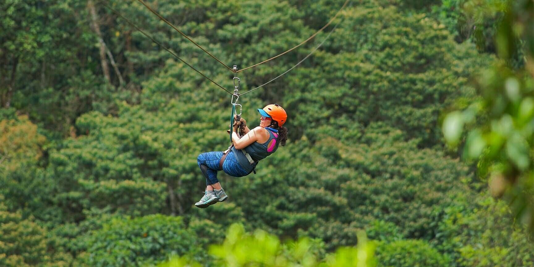 Una persona deslizándose en tirolesa por un bosque verde y frondoso.