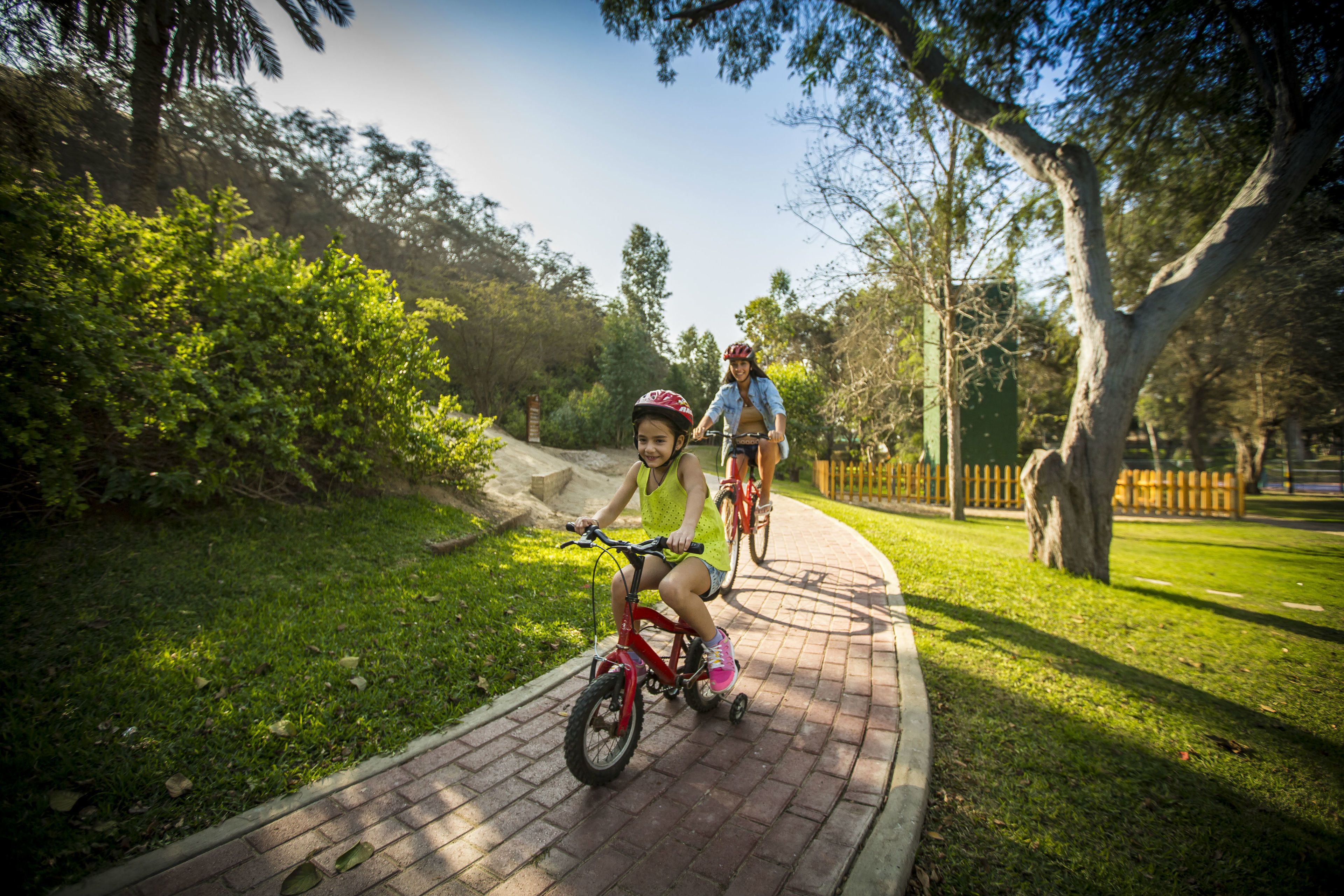 Dos niños montando bicicletas en un camino pavimentado en un parque con árboles y césped.