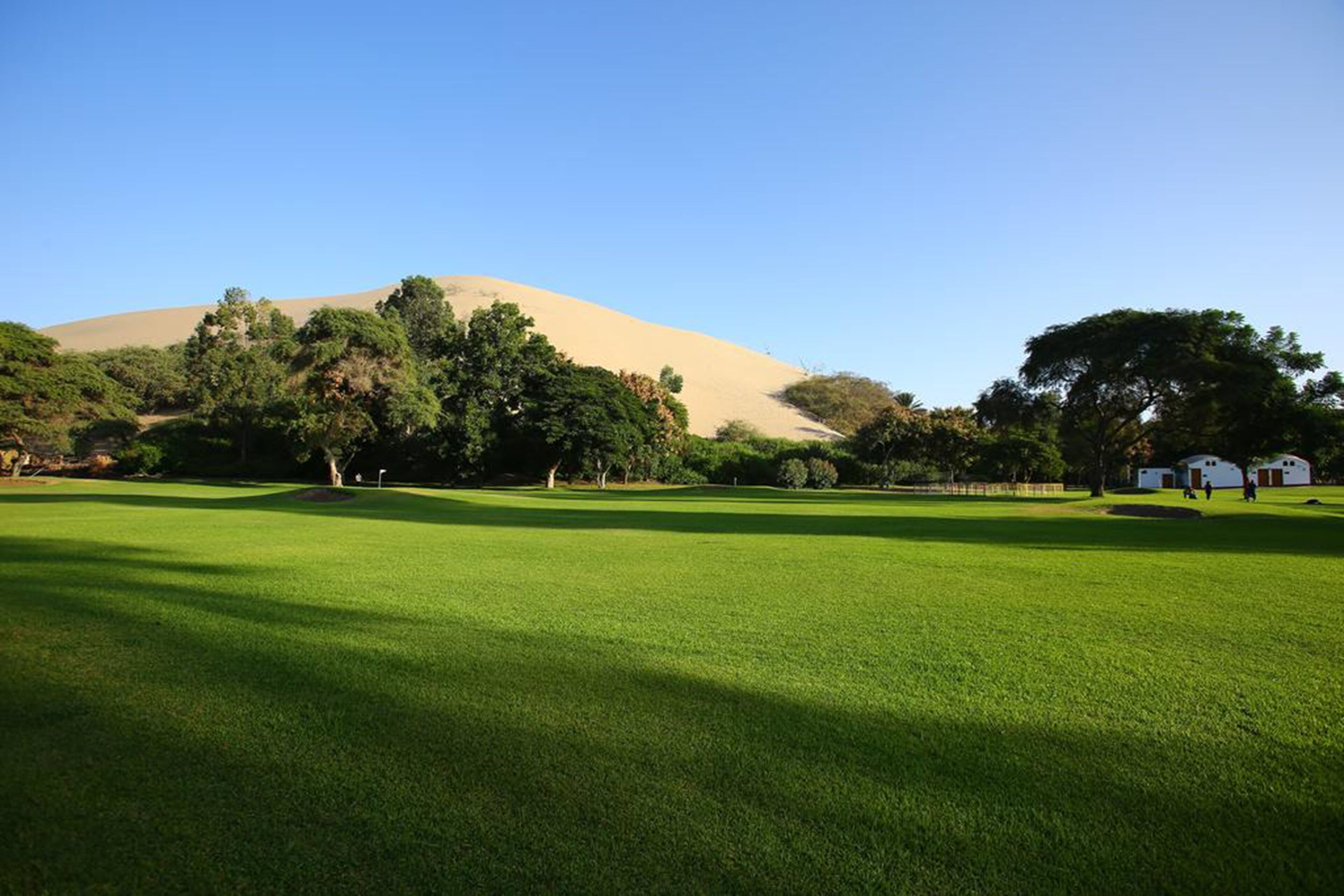 A golf course with a sand dune in the background, surrounded by trees and a few buildings.