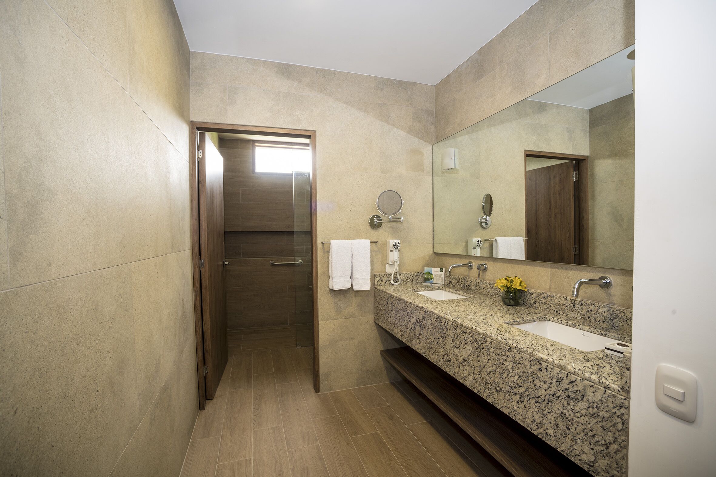 shower, rainfall showerhead, designer toiletries, hair dryer