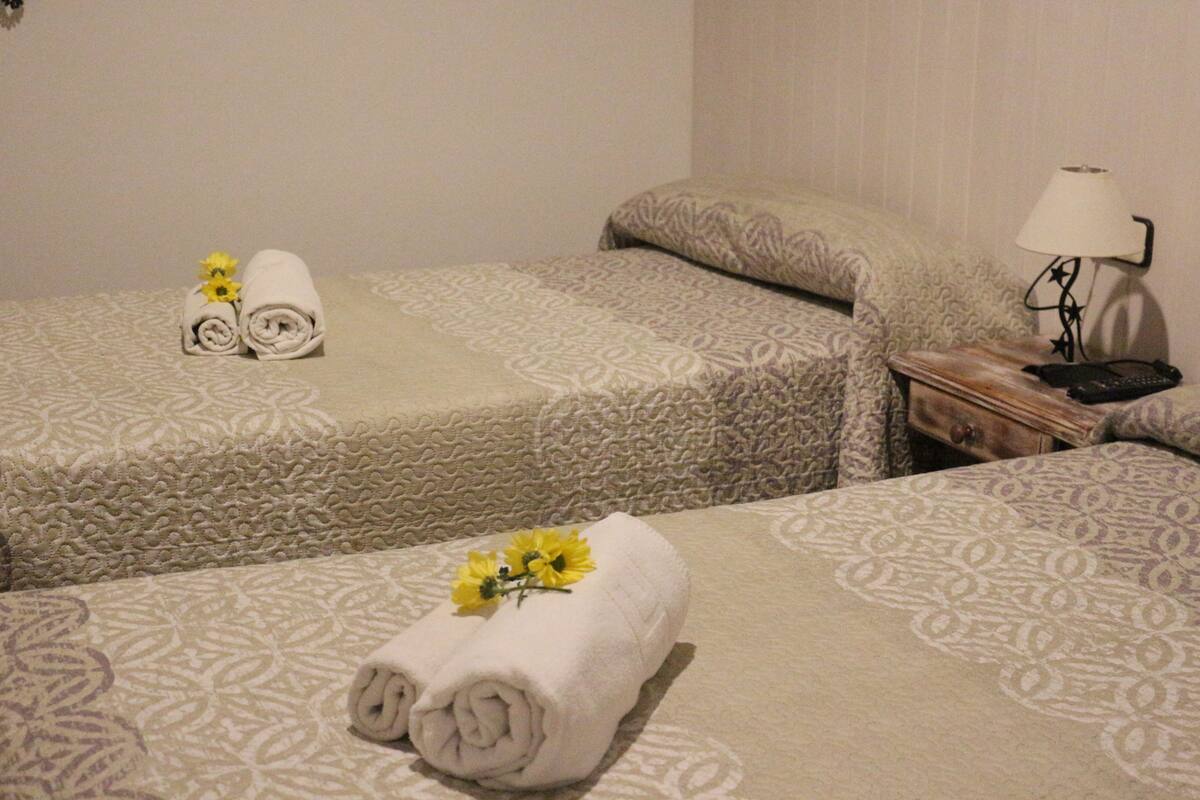 A hotel room with two beds, each with a patterned bedspread, a bedside table with a lamp, and a rolled towel with a flower on one bed.