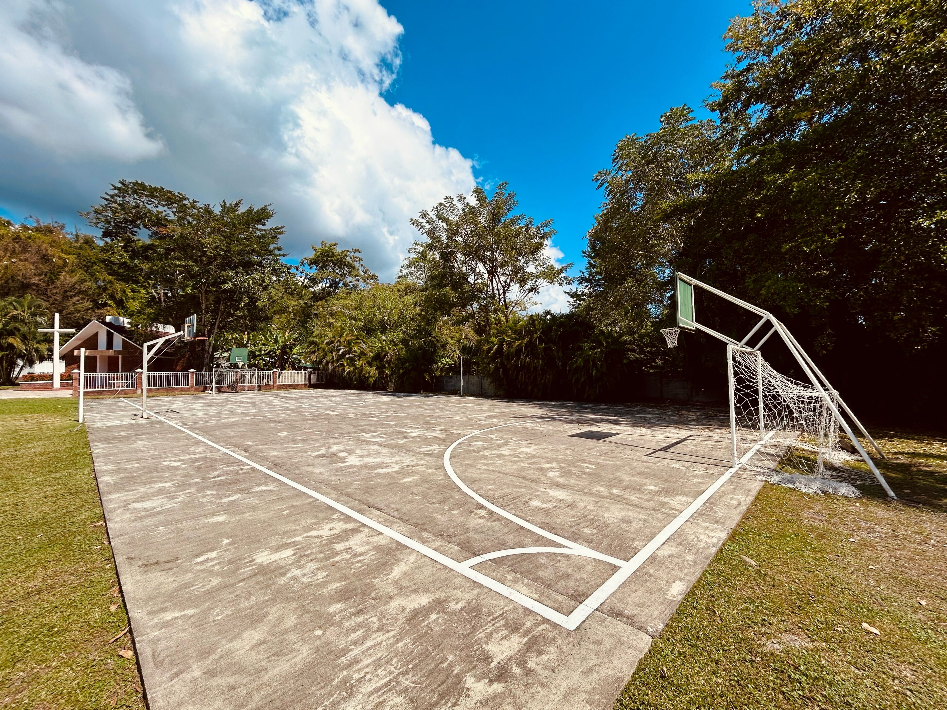 An outdoor basketball court with a goal, surrounded by trees and a building in the background.