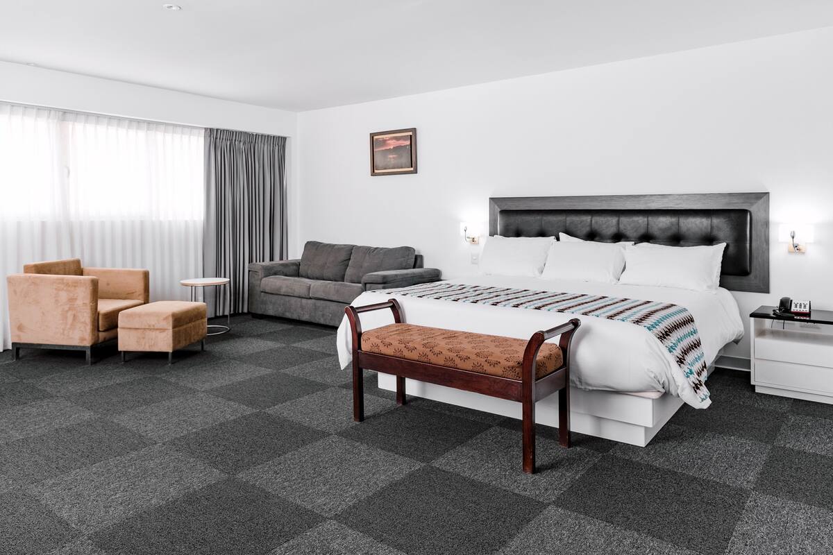 Una habitación de hotel moderna con una cama grande, un sofá, una silla y una mesita.