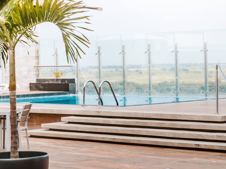 Outdoor pool, open 9:00 AM to 9:00 PM, pool umbrellas, sun loungers