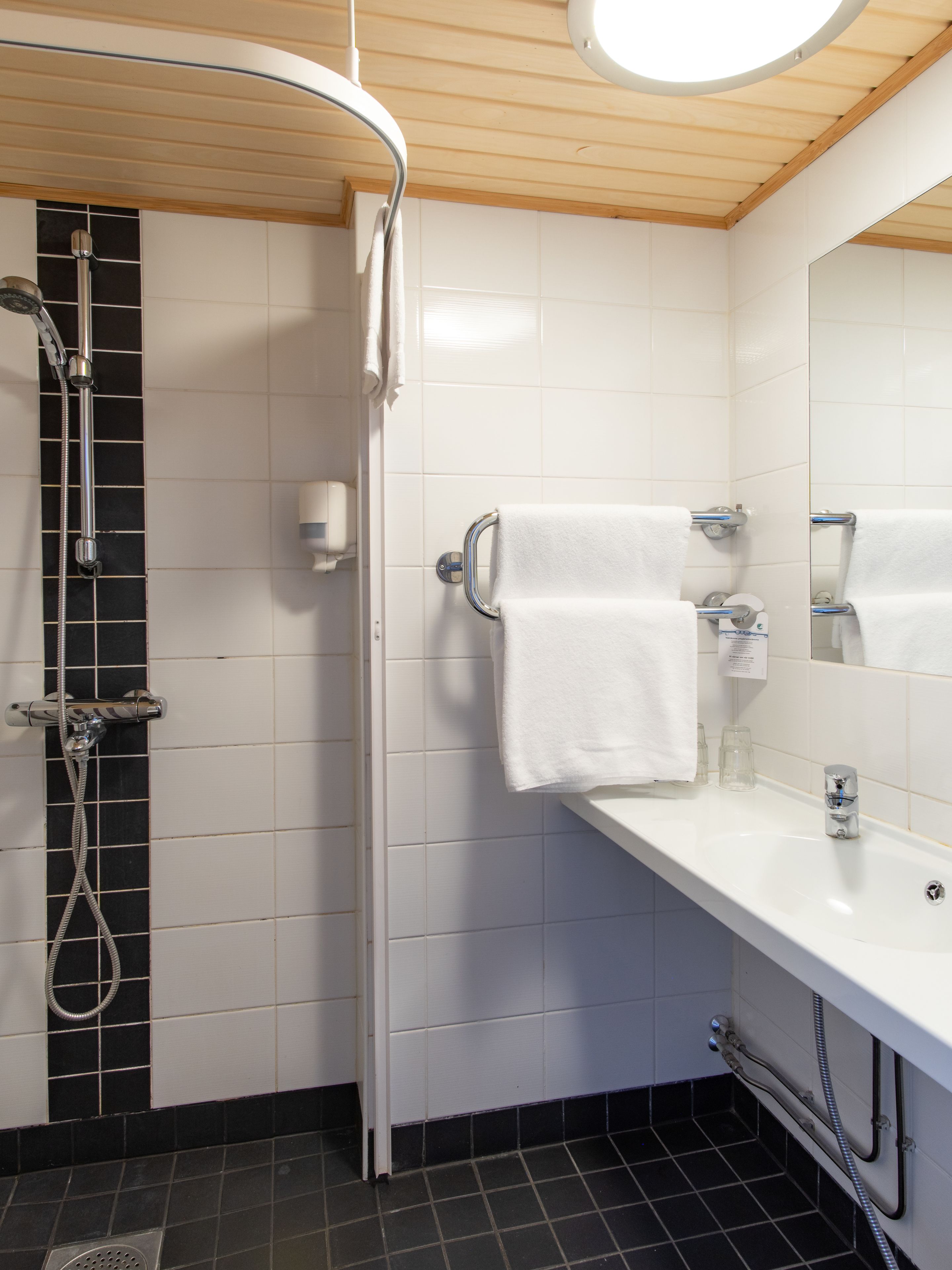 A modern bathroom with a shower, a sink, and a mirror.