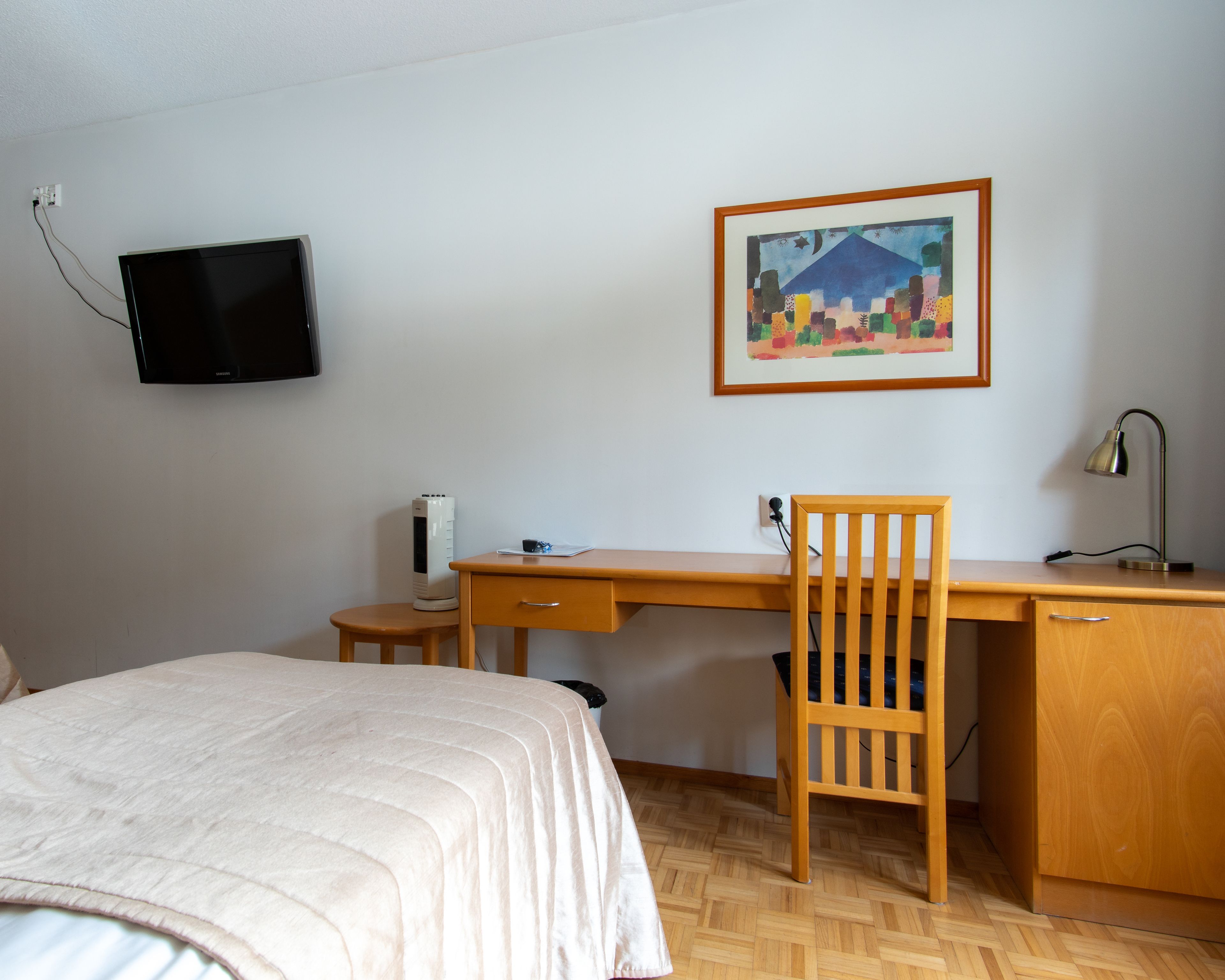 Un dormitorio con una cama, un escritorio con silla, televisor, calentador y un cuadro en la pared.