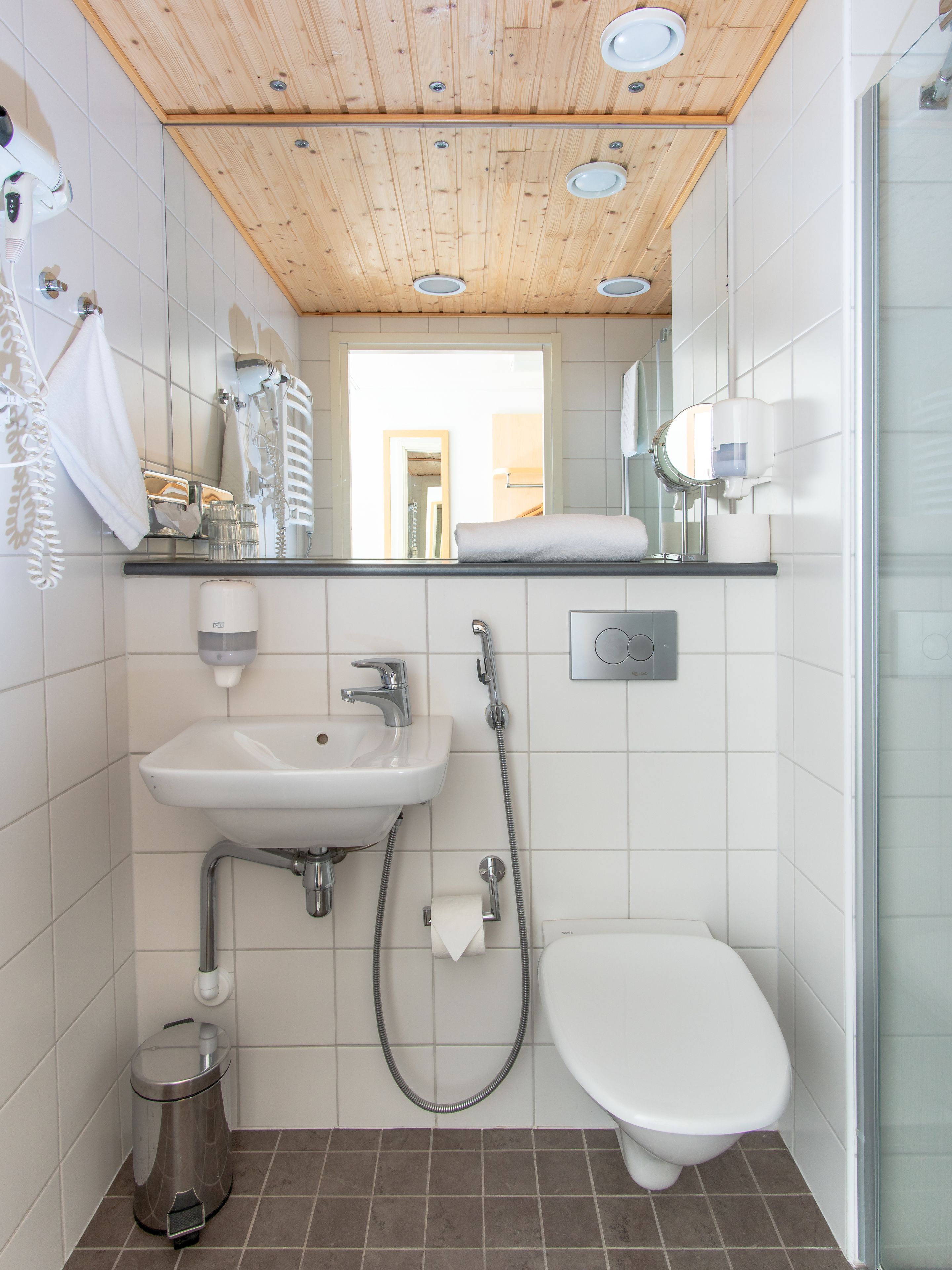 Pieni kylpyhuone, jossa on puinen katto, pesuallas, wc ja suihku.