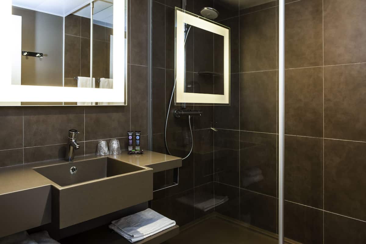 eco-friendly toiletries, hair dryer, towels