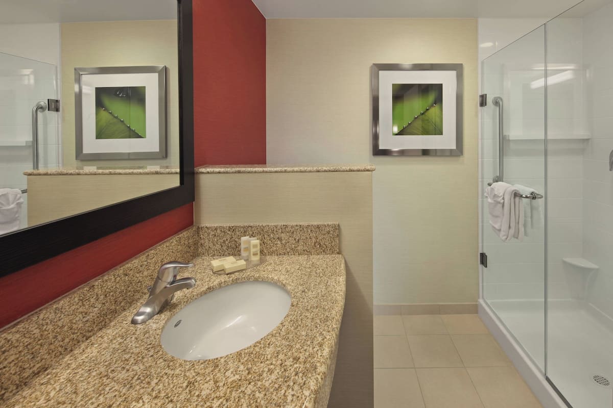 A modern bathroom with a granite countertop, a white sink, a mirror, and a glass-enclosed shower.