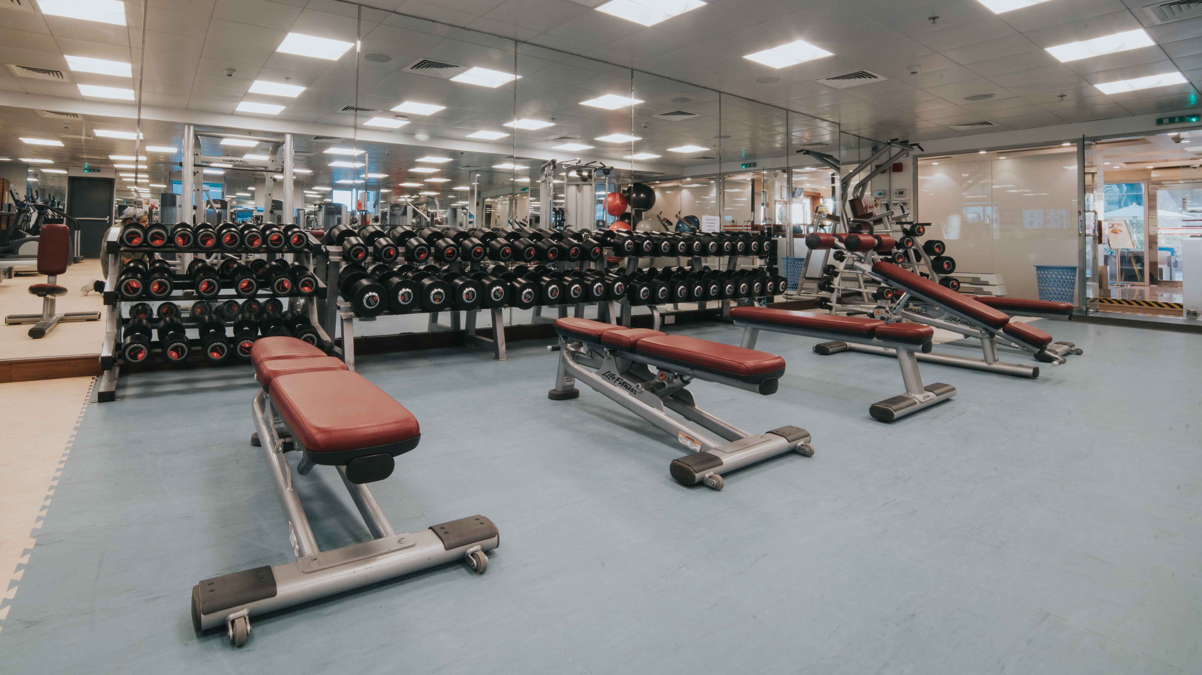A gym with weightlifting equipment, benches, and dumbbells.