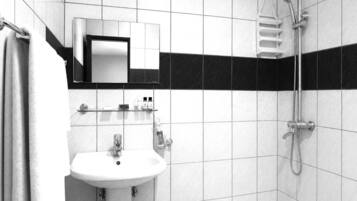 Shower, rainfall showerhead, towels, soap