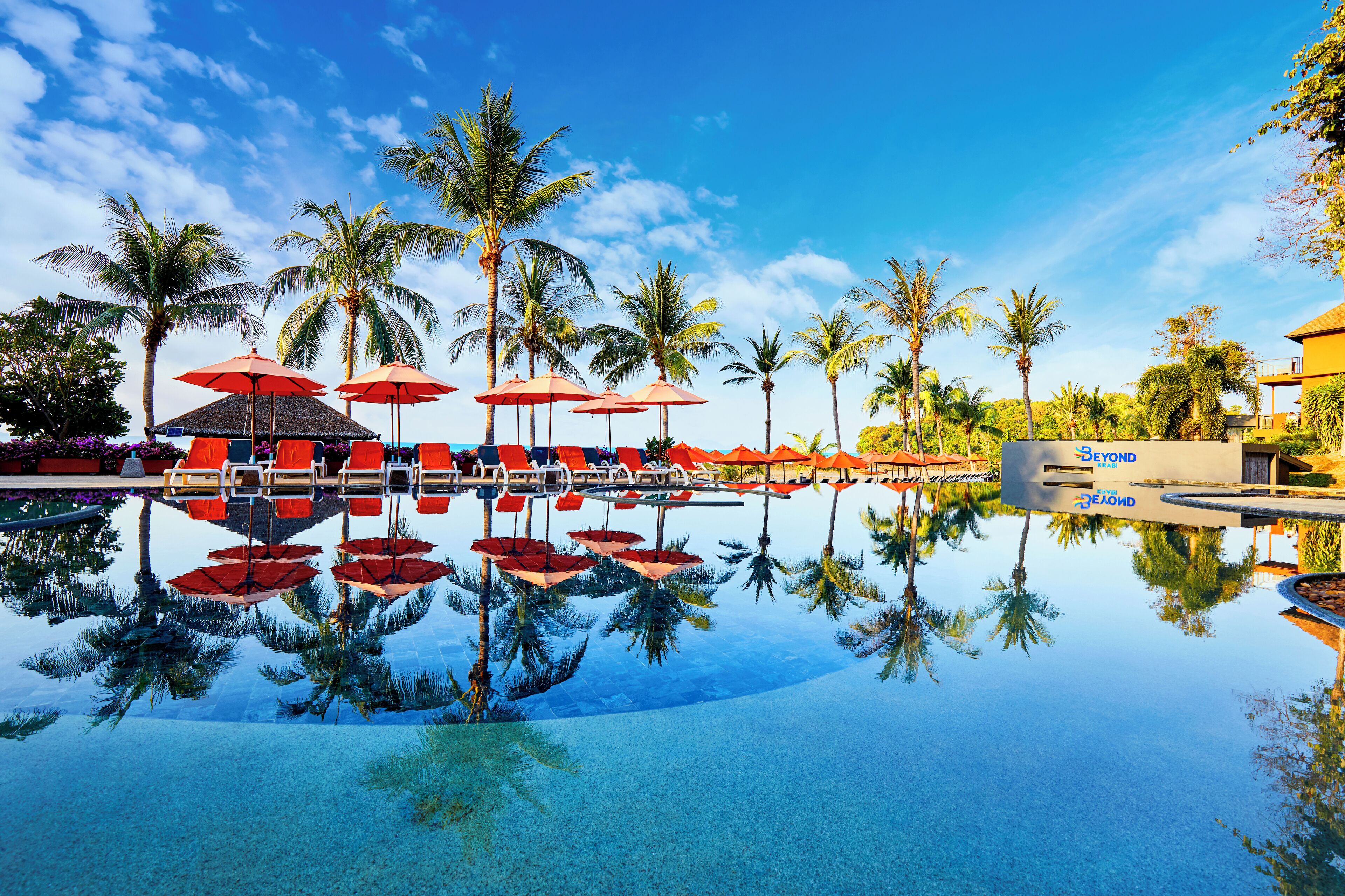 outdoor pool, pool umbrellas, pool loungers