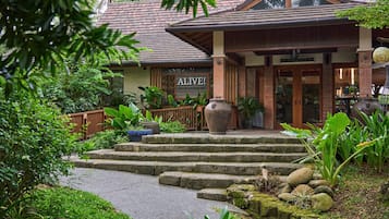 A building with a sign reading "ALIVE! VEGAN RESTAURANT" and a staircase leading to the entrance.